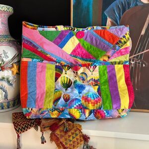 Vintage Multicolor Quilted Patchwork Air Baloons Shoulder Bag 19.5"X18" Handmade